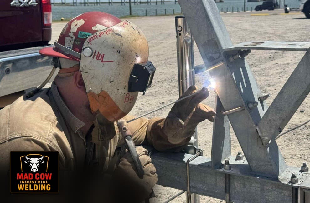 Welding galvanized frame near the Coastal Bend waterfront